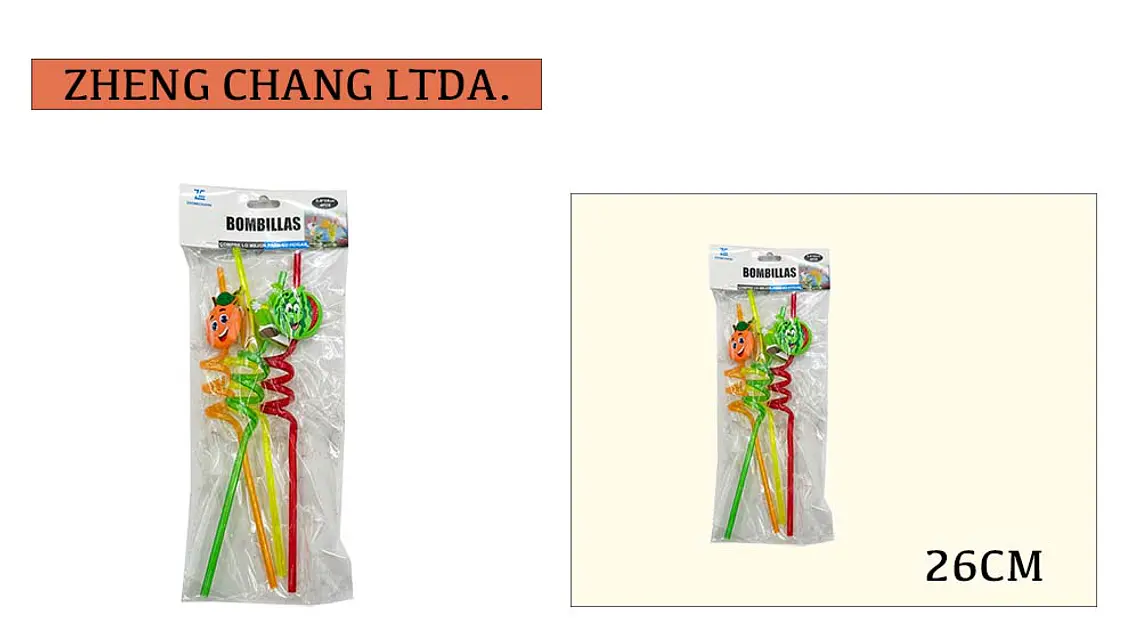 Bombilla/pajita de plástico decorada caritas y frutas 26CM 4PCS (x12) 1