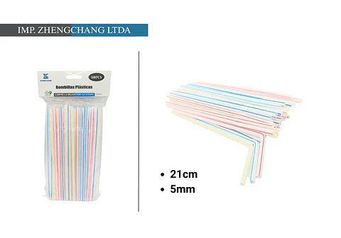 Bombilla/pajita de plástico 6x21CM rayado colores 100PCS (x10)
