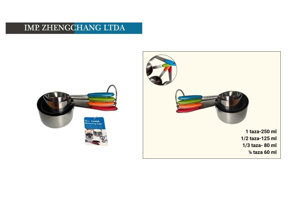 Juego de 4 tazas medidoras de acero inoxidable con mangos de colores (x12)