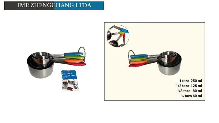 Juego de 4 tazas medidoras de acero inoxidable con mangos de colores (x12) 1
