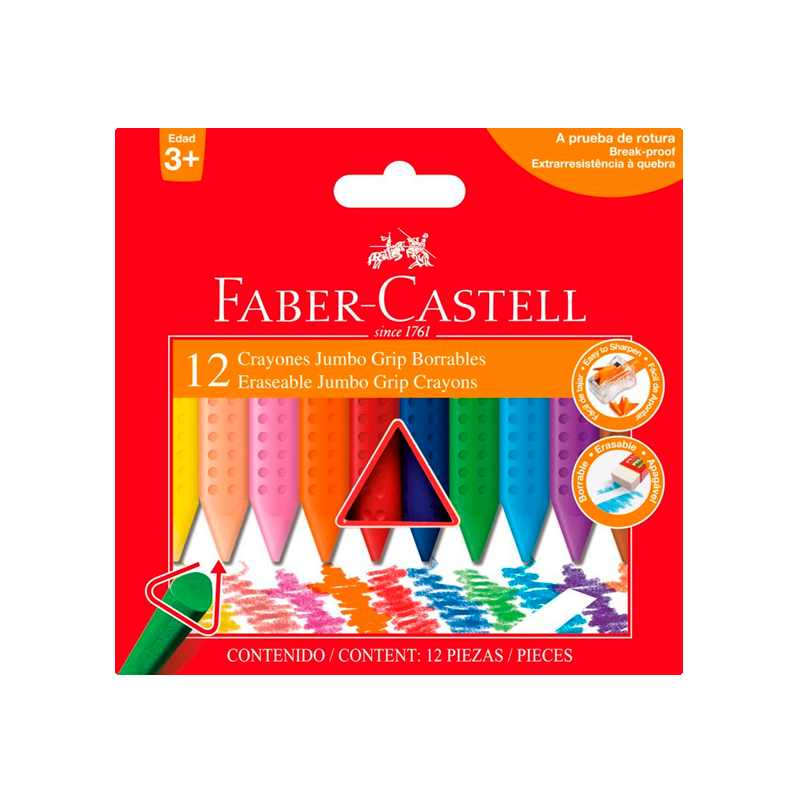 Lapices De Cera 12 Colores Jumbo Borrables Triangulares Faber Castell