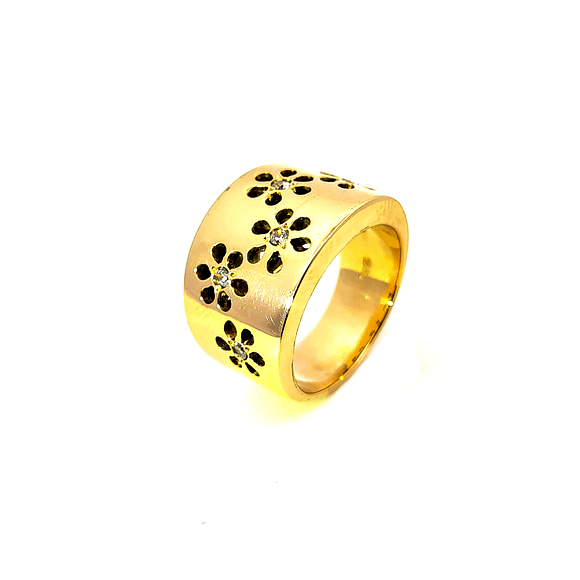 Anillo de oro 18k de dama con diseño de flores caladas y circones, peso 9,15 grs, Talla 12