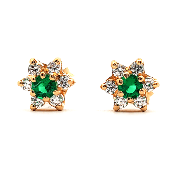 Aros de oro 18k modelo roseta con piedra central verde e incoloras, peso 2,74 grs