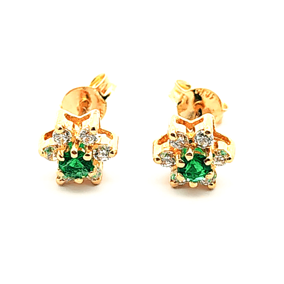 Aros de oro 18k modelo roseta con piedra central verde e incoloras, peso 2,74 grs