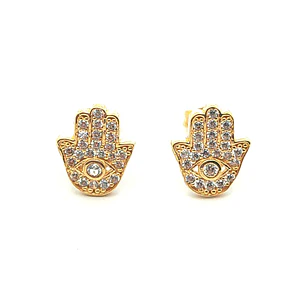 Aros de oro 18k con forma de la mano de fatima y circones, peso 1,93 grs